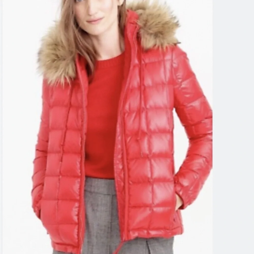 J. Crew Women's Short Puffer Jacket with Faux Fur Hood Peach Size XS - Picture 6 of 6